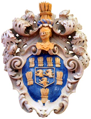 The Coat of Arms, including Crest, of Thomas Dolman (wheat sheaves) & Dorothy Harrison (demi-lions) - � Nash Ford Publishing